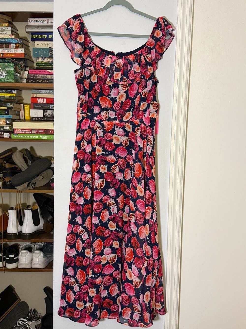 Betsey Johnson Floral Maxi Dress Size 12 Navy Pink Ruffle Off Shoulder